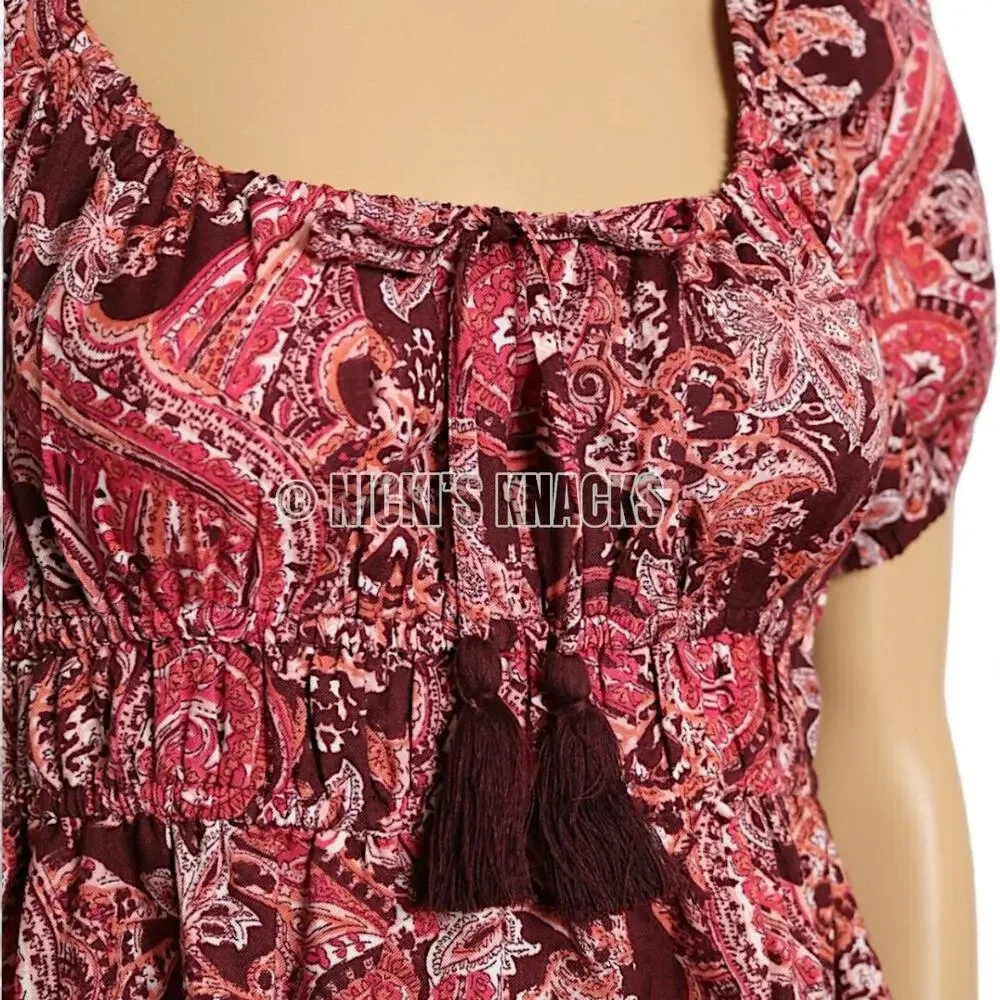 BOG Collective Midi Dress Cottagecore Burgundy Puff Sleeve Boho Prairie Size S - Picture 4 of 10